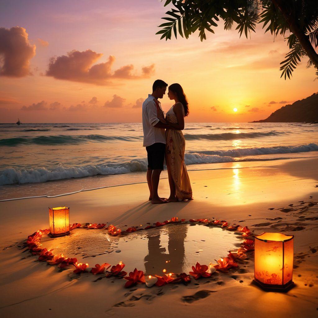 A serene beach scene at sunset, featuring a couple enjoying an intimate moment, surrounded by traditional Thai decor and rich flora. Soft waves lap at the shore while vibrant lanterns light up the surroundings, casting a warm glow. Include elements that symbolize romance, such as heart-shaped footprints in the sand and tropical flowers. super-realistic. vibrant colors. warm tones.