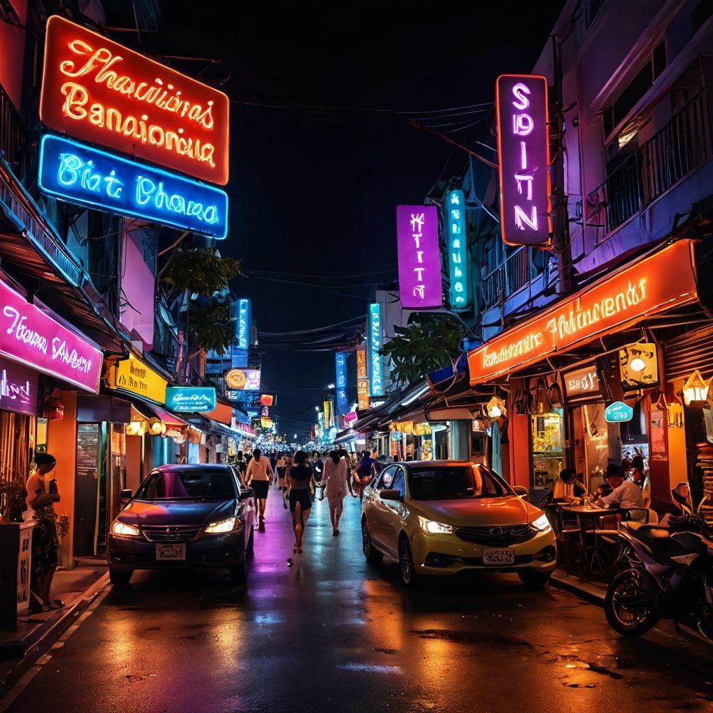 A vibrant nightlife scene in Thailand, featuring neon-lit streets bustling with energy. Showcase a mix of traditional Thai architecture and modern establishments, with silhouettes of people enjoying the atmosphere. Include subtle hints of sensuality, such as exotic dancers or elegant cafes. The color palette should be vibrant and enticing, emphasizing the excitement of adult entertainment. neon colors. super-realistic. urban style.