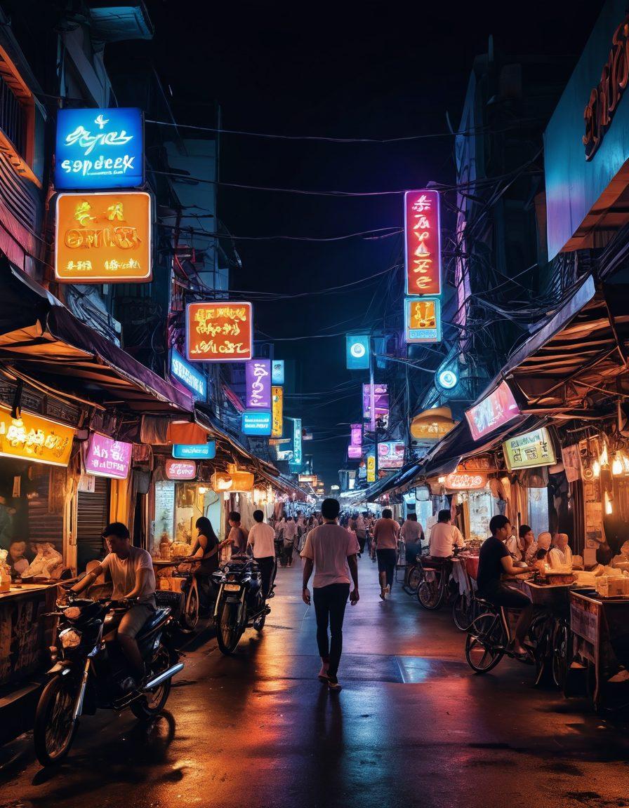 A vibrant street scene in Thailand's nightlife filled with colorful neon lights, lively crowds, and exotic street food vendors. Highlight adult entertainment venues featuring playful silhouettes and inviting signage. Incorporate elements of Thai culture, such as traditional decorations and attire. Capture a sense of adventure and excitement in the atmosphere. The color palette should be bold and dynamic. cyberpunk. vibrant colors. super-realistic.